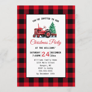 Vintage Red Tractor with Tree Christmas Party Invitation