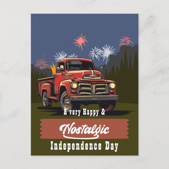 Vintage Red Truck 4th of July Greetings Postcard (Front)