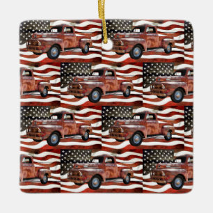 Vintage Red Truck American Flag Ceramic Ornament