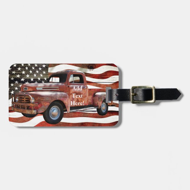 Vintage Red Truck American Flag Luggage Tag (Front Horizontal)