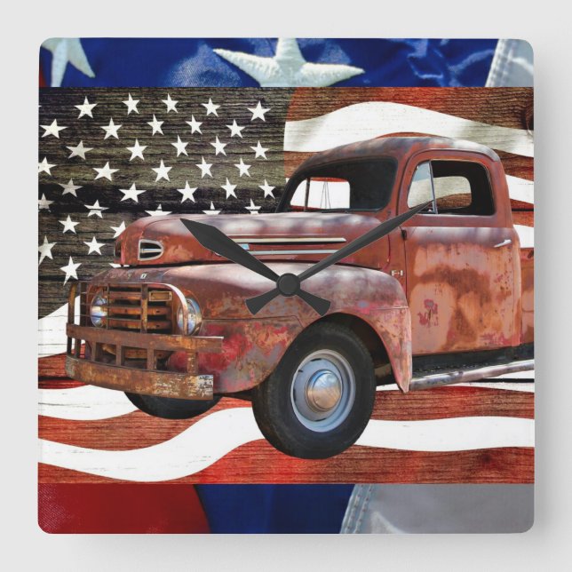 Vintage Red Truck American Flag Square Wall Clock (Front)