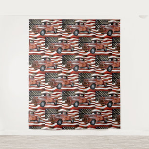 Vintage Red Truck American Flag Tapestry