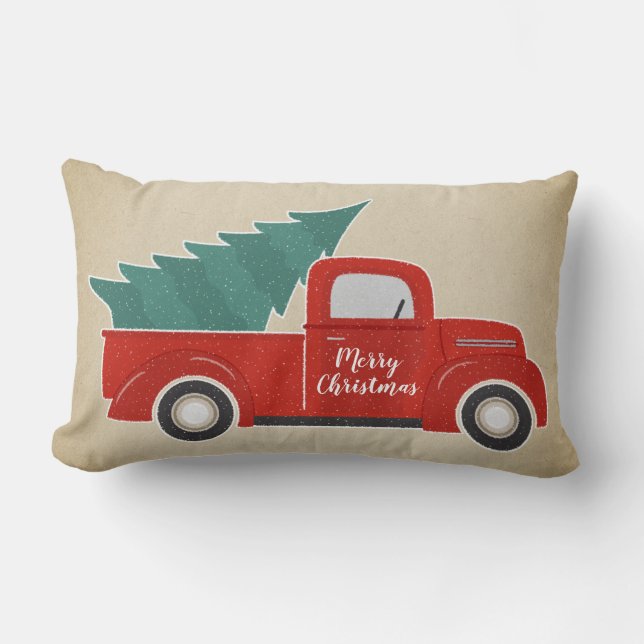 Vintage Red Truck and Christmas Tree Lumbar Pillow (Front)