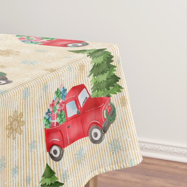 Vintage Red Truck and Christmas Tree Tablecloth (In Situ)