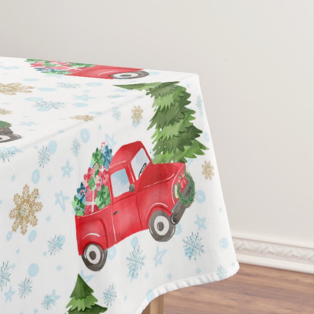 Vintage Red Truck and Christmas Tree Tablecloth (In Situ)