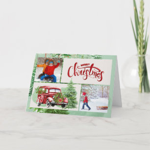 Vintage Red Truck and Pine Forest Photo Christmas Holiday Card