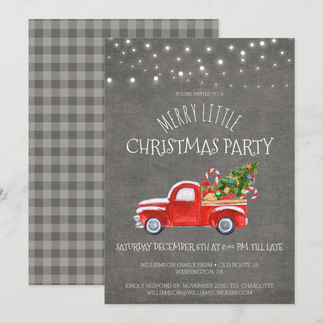 Vintage Red Truck & Buffalo Plaid Christmas Party Invitation (Front/Back)