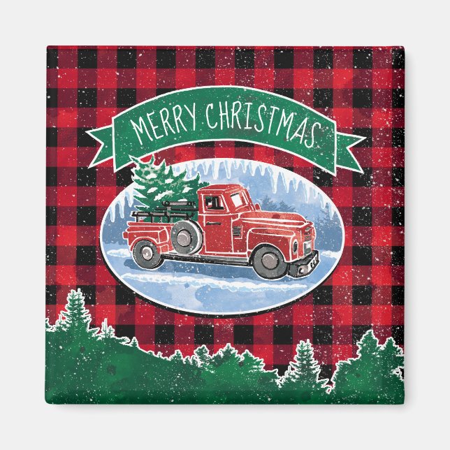Vintage Red Truck Buffalo Plaid Merry Christmas Magnet (Front)