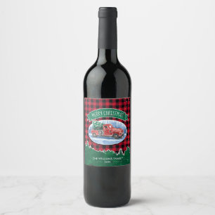 Vintage Red Truck Buffalo Plaid Monogram Name Wine Label