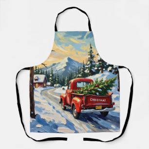 Vintage Red Truck Carrying Christmas Tree Apron