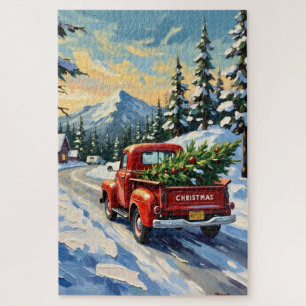 Vintage Red Truck Carrying Christmas Tree Jigsaw Puzzle