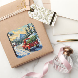 Vintage Red Truck Carrying Christmas Tree Square Sticker