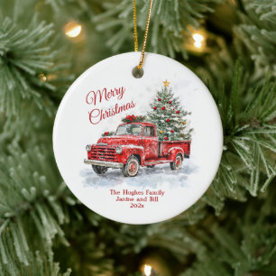 Vintage Red Truck Christmas Ceramic Ornament