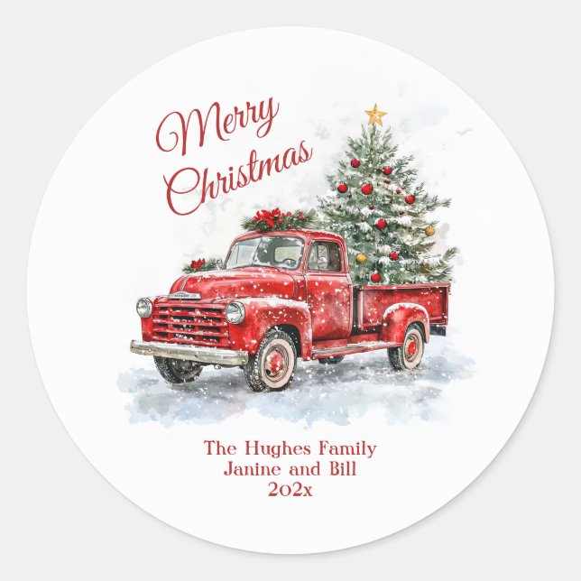 Vintage Red Truck Christmas Classic Round Sticker (Front)
