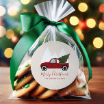 Vintage Red Truck Christmas Classic Round Sticker<br><div class="desc">Whimsical illustration of an old fashion red truck carrying a Christmas tree.</div>