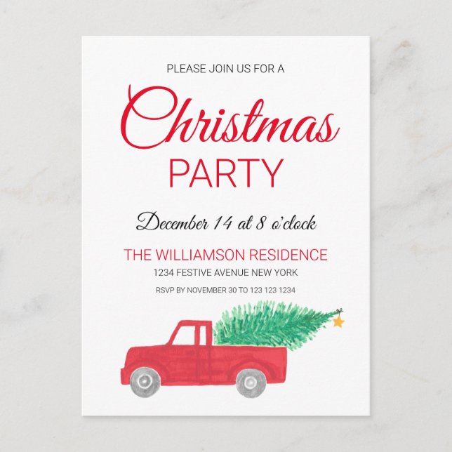 Vintage Red Truck Christmas Invitation Postcard (Front)