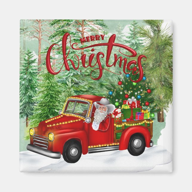Vintage Red Truck Christmas Magnet (Front)