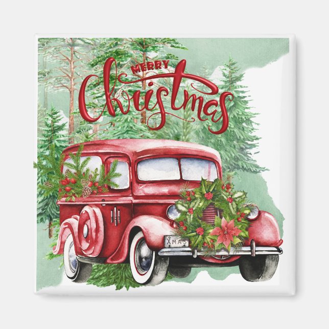 Vintage Red Truck Christmas Magnet (Front)