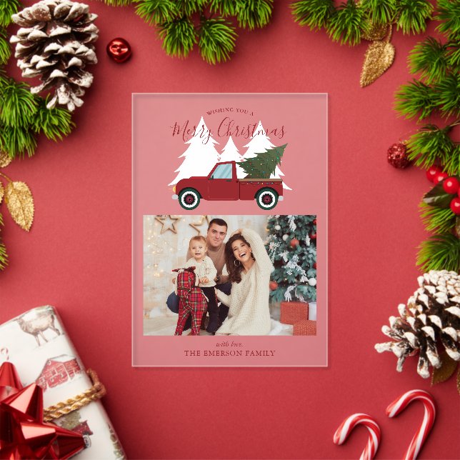 Vintage Red Truck Christmas Photo Acrylic Invitations (Insitu (Holiday))