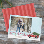 Vintage Red Truck Christmas Photo Card 1 Photo<br><div class="desc">A Whimsical vintage red truck winter scene returning from the woods or the Christmas tree lot with this year's Christmas Tree in the snow. This cute Christmas Photo Card featured a rustic red truck on the backside and a full bleed 1 photo template on the front side perfect for any...</div>