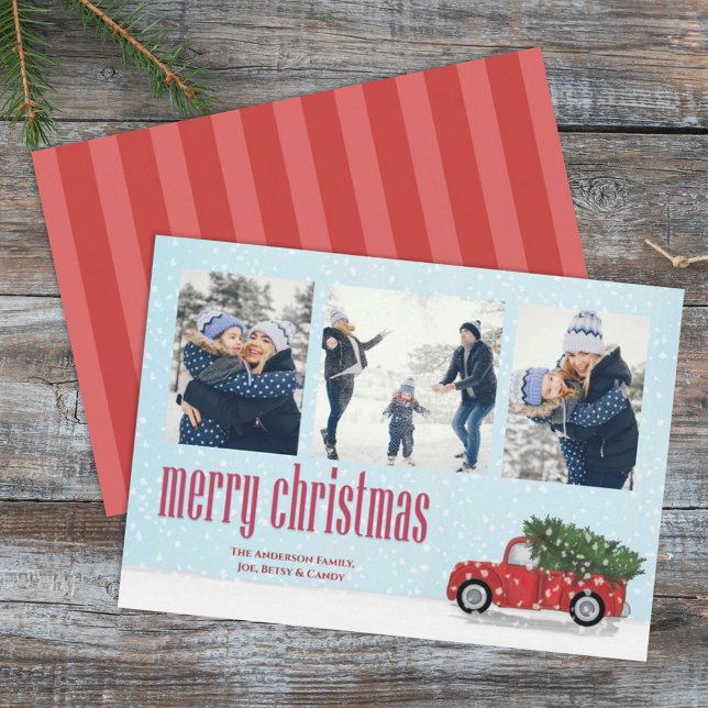 Vintage Red Truck Christmas Photo Card 3 Photo (Creator Uploaded)