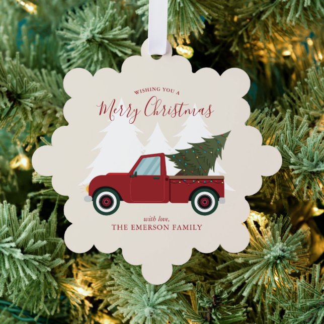 Vintage Red Truck Christmas Photo Ornament Card (Insitu (Tree))