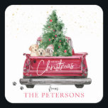 Vintage Red Truck | Christmas Puppies Pawprint  Square Sticker<br><div class="desc">Adorable Christmas vintage red truck carrying decorated Christmas tree and puppies for the festive season! Custom name feature with easy online editor. 1.5" / 20 per sheet.</div>