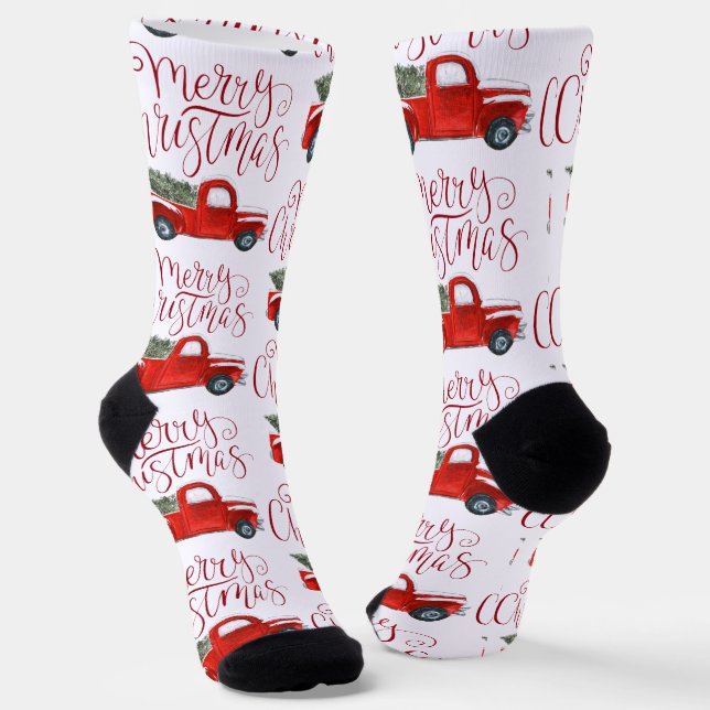 Vintage Red Truck Christmas Socks (Angled)