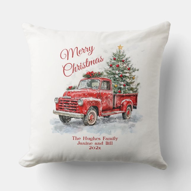 Vintage Red Truck Christmas Throw Pillow (Front)