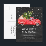 Vintage red truck Christmas tree chalkboard moving Announcement Postcard<br><div class="desc">Vintage retro red truck watercolor illustration and green Christmas tree moving announcement with white snow on rustic country black chalkboard background. Perfect winter and holidays moving announcement.</div>