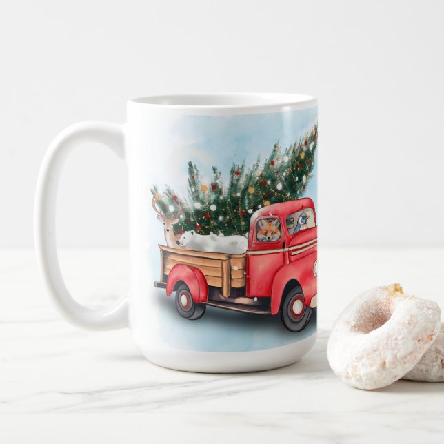 Vintage Red Truck Christmas Tree Coffee Mug (With Donut)