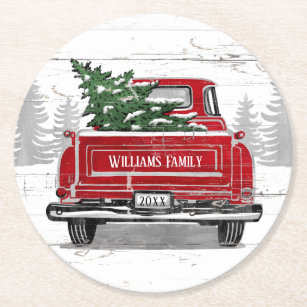 Vintage Red Truck Christmas Tree Family Name Round Paper Coaster