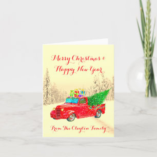 Vintage Red Truck Christmas Tree & Gifts Holiday Card