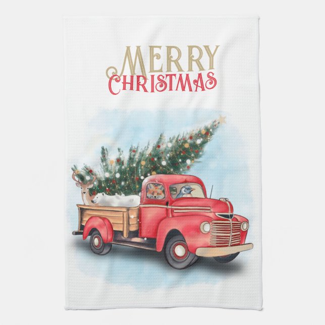 Vintage Red Truck Christmas Tree Kitchen Towel (Vertical)