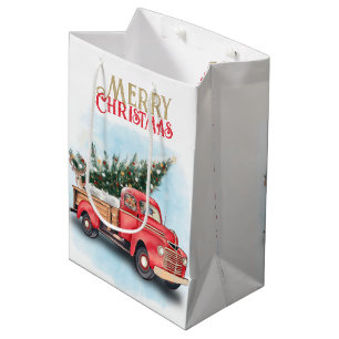 Vintage Red Truck Christmas Tree Medium Gift Bag