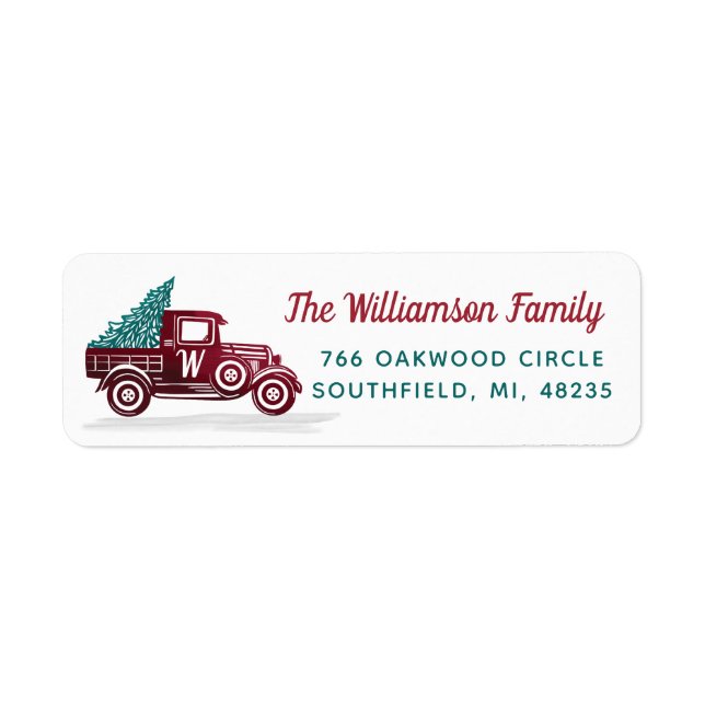 Vintage Red Truck Christmas Tree Monogram Address (Front)