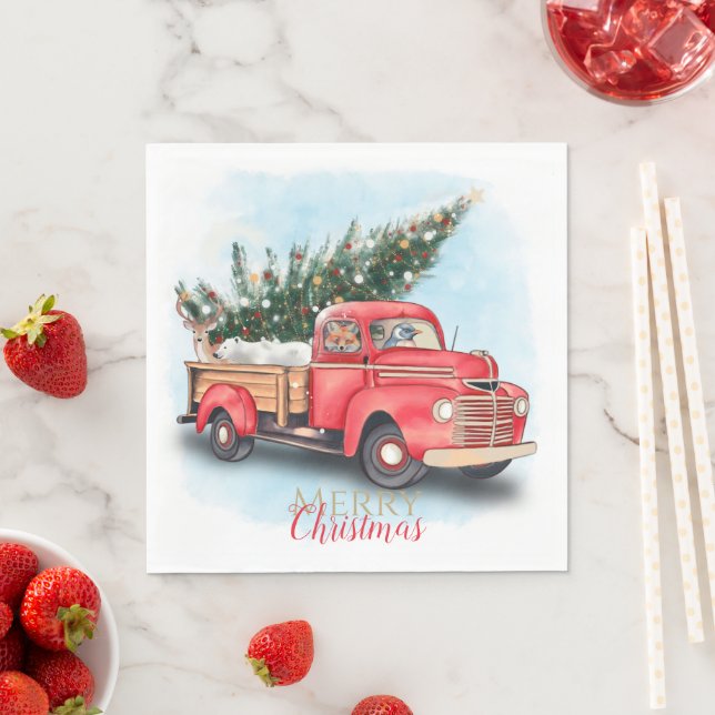 Vintage Red Truck Christmas Tree Napkin (Insitu)