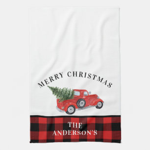 Vintage Red Truck Christmas Tree Plaid Farmhouse Kitchen Towel