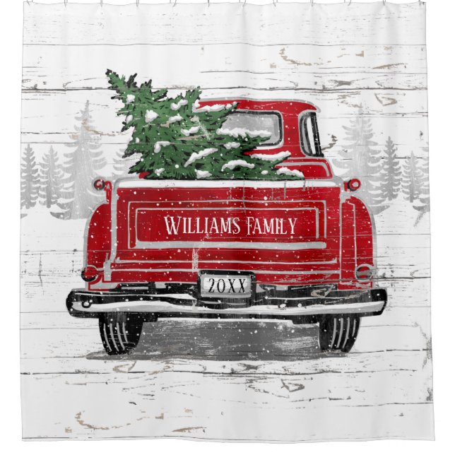 Vintage Red Truck Christmas Tree Rustic Name Showe (Front)
