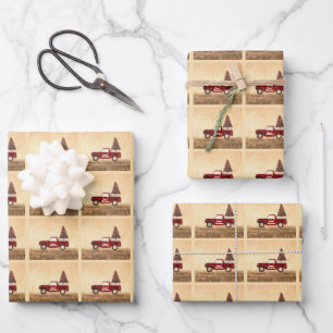 Vintage Red Truck Christmas Tree Rustic Pattern Wrapping Paper Sheet