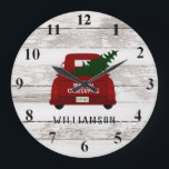 Vintage Red Truck Christmas Tree Rustic Wood Round Large Clock<br><div class="desc">Vintage Red Truck Christmas Tree Rustic Wood Round Clock - features an adorable vintage red truck carrying a freshly cut Christmas tree and is personalized with your family name. Background is white distressed wood. Clock would be a wonderful addition to your Christmas decor. Clock also makes a very thoughtful gift....</div>