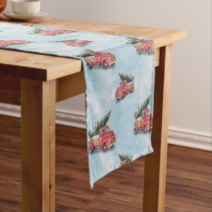 Vintage Red Truck Christmas Tree Short Table Runner