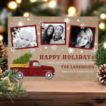 Vintage Red Truck Christmas Tree Snow Retro Photo Holiday Card<br><div class="desc">Vintage Red Truck Christmas Tree Snow Retro Photo Holiday Card. This design features a beautiful 1950's style vintage red truck with a gorgeous full Christmas tree in the back. Paired with a beautiful kraft paper background on the front enhanced by falling snowflakes. The back features a rustic buffalo plaid background....</div>