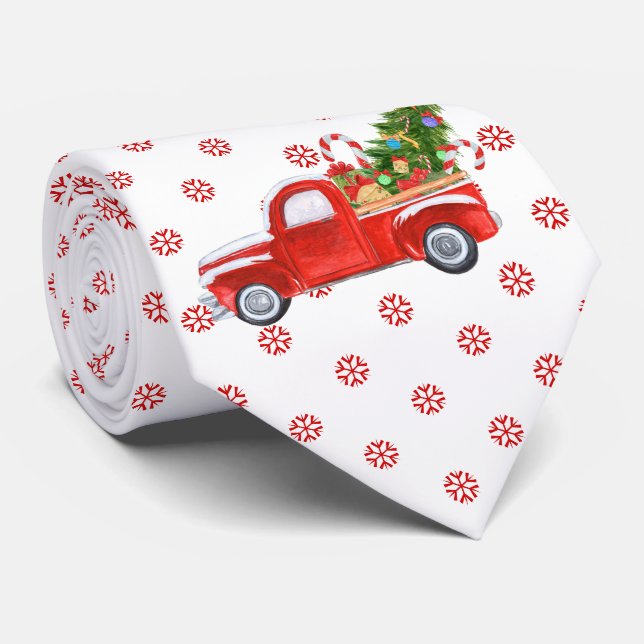 Vintage Red Truck Christmas Tree Snowflakes Tie (Rolled)
