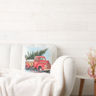 Vintage Red Truck Christmas Tree Throw Pillow