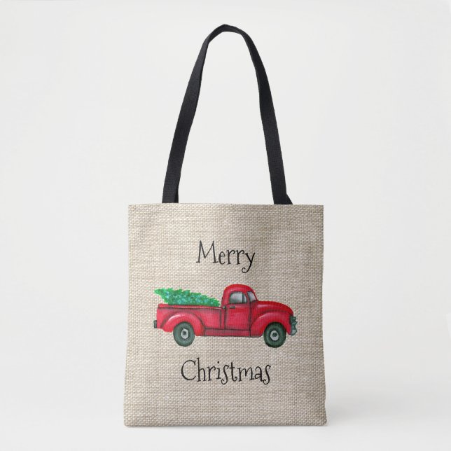 Vintage Red Truck Christmas Tree Tote Bag (Front)