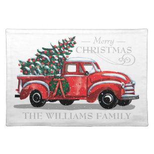 Vintage Red Truck Christmas Tree Watercolor Name Placemat