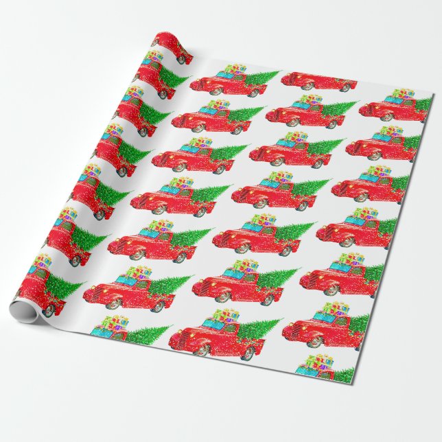 Vintage Red Truck Christmas Wrapping Paper (Unrolled)