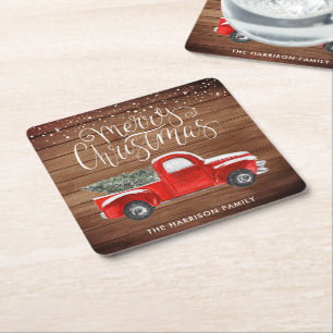 Vintage Red Truck Classic Rustic Christmas Square Paper Coaster