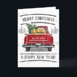 Vintage Red Truck Dogs Christmas Tree Family Holiday Card<br><div class="desc">This personalized rustic holiday folded card features a vintage red truck with a Christmas tree and Labrador retriever puppy dogs in the back. It reads "Merry Christmas & Happy New Year!" Customize with your family name and year on the back of the pickup truck. Inside of the card has a...</div>